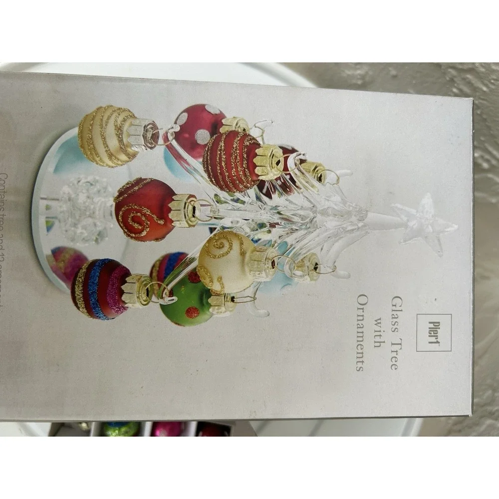 Pier 1 Mini Glass Tree with 12 Christmas Ornaments Holiday Decor 6